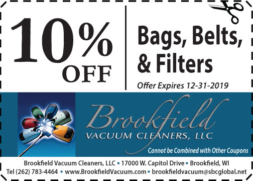 10% off Bags, Belts, Filters & Supplies - present coupon at Brookfield Vacuum Cleaners shop southeast WI area