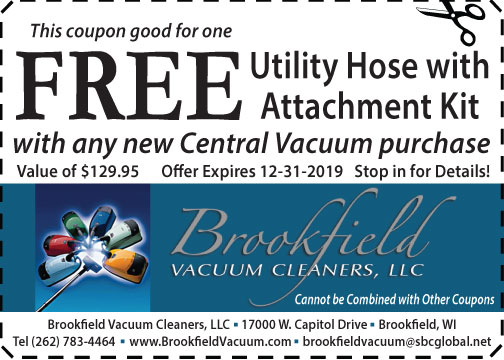 Offer of a Free Utility Hose and Attachment Kit with Central Vacuum purchase at Brookfield Vacuum Cleaners store near Milwaukee Wisconsin